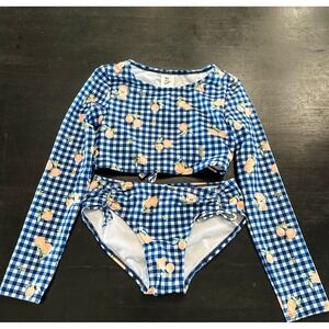 Girls Art Class Two Piece‎ Swimsuit L 10/12 Gingham Lemons Blue Rashguard NWOT
